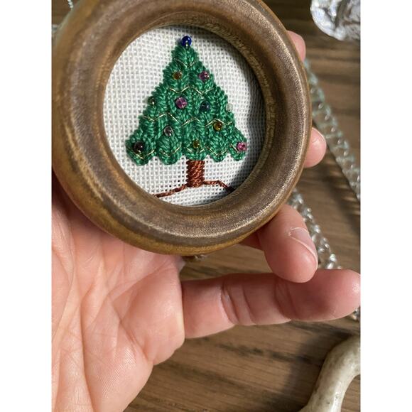 Vintage Christmas Tree Ornament Lot Variety Lot of 11 Wood Glass Needlepoint - Picture 6 of 9